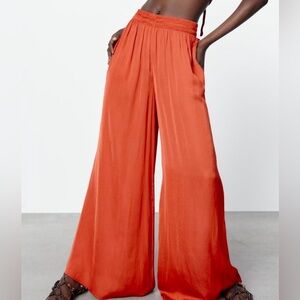 Zara flowy wide leg satin pants, copper, size XS